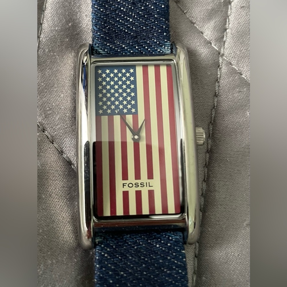 Fossil Silver Watch with Red Stripes and Blue Strap